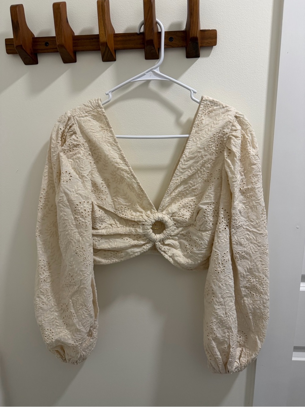 Jen's Pirate Booty Crochet Eyelet Ring-Front Long Sleeve Crop Top - Cream